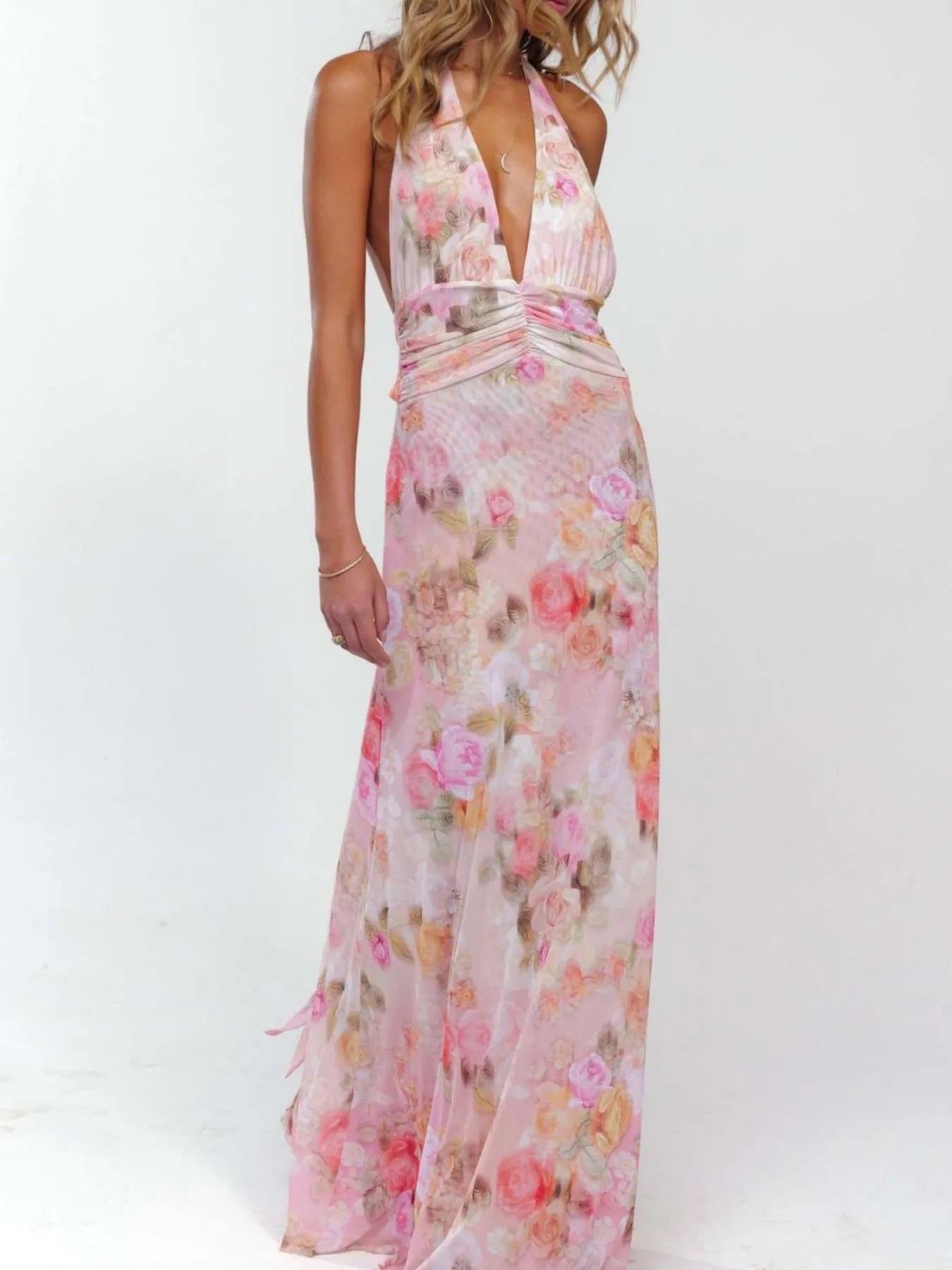 Floral Halter Neck Deep V Backless Dress