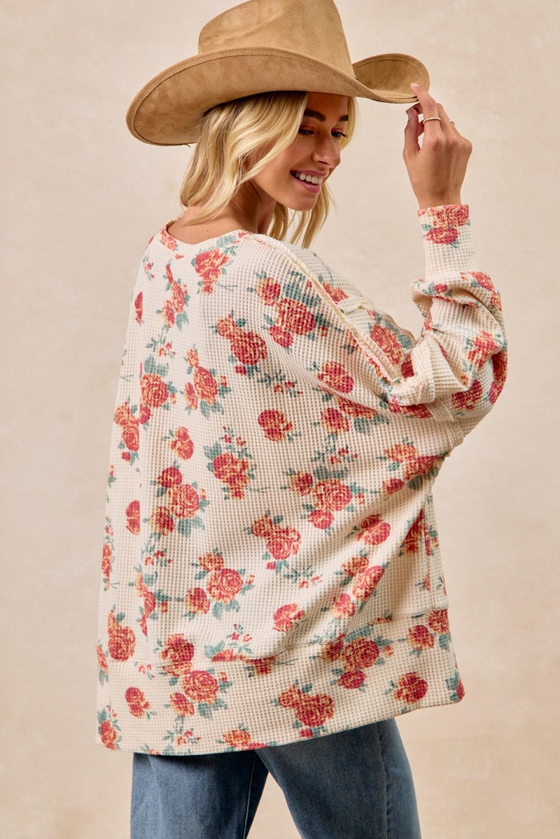 Floral Print Exposed Seam Waffle Knit Top