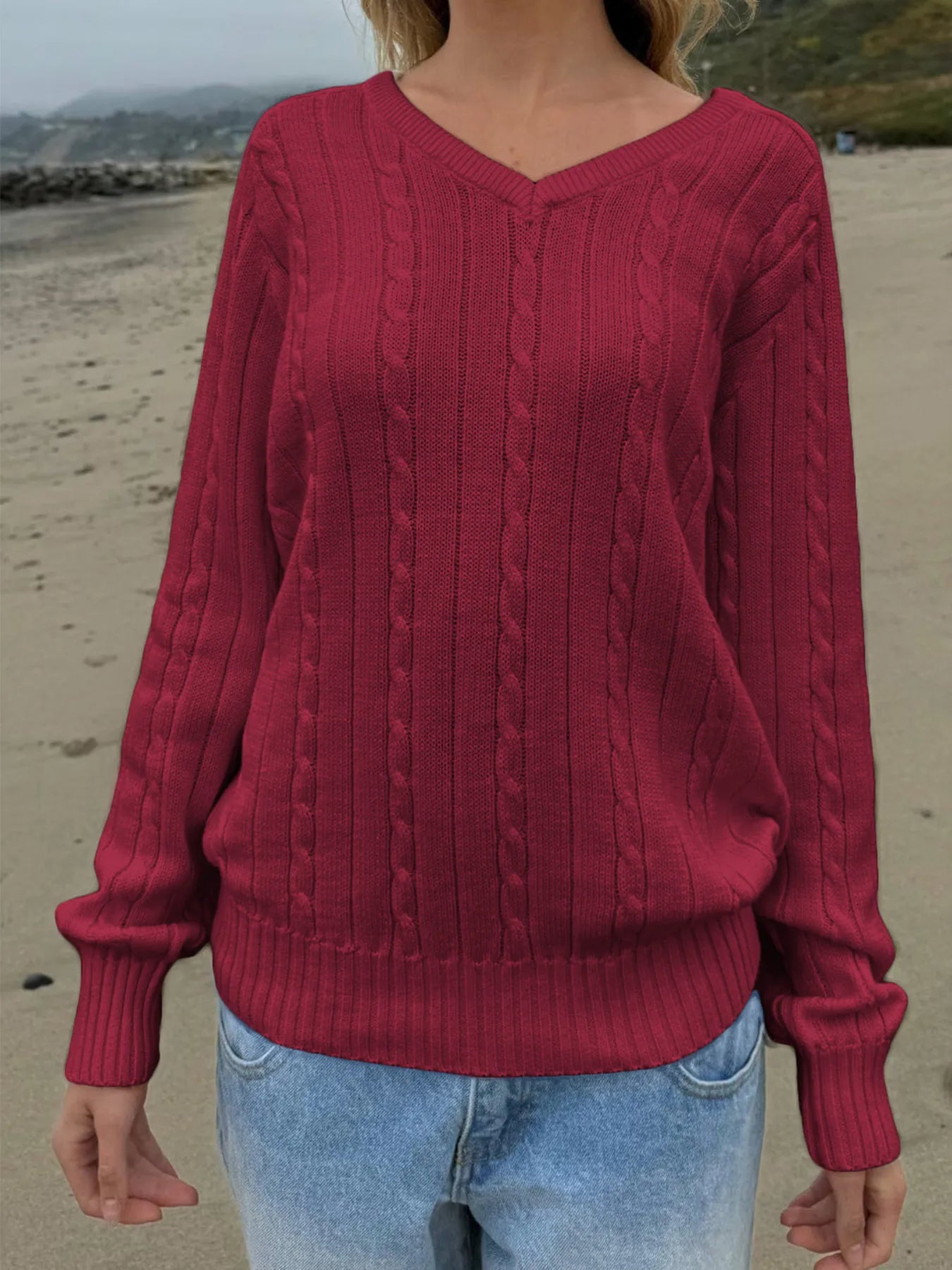 Classic Cable Knit V-Neck Pullover Sweater