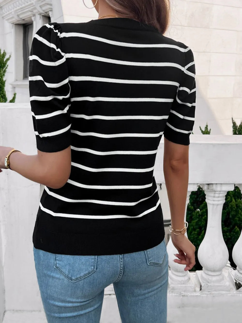 Striped Puff Sleeve Knit Top