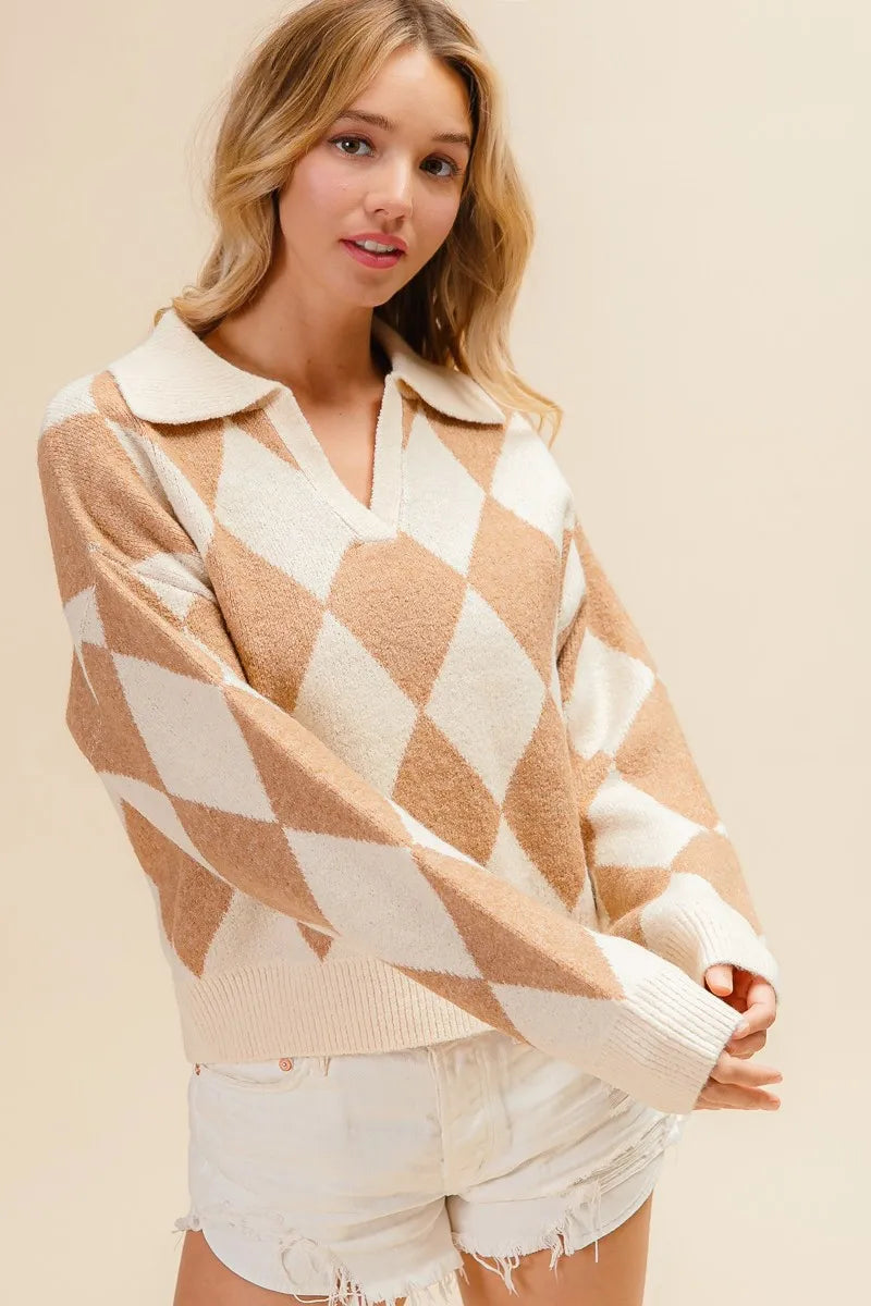 Argyle Collared Notch Neck Sweater