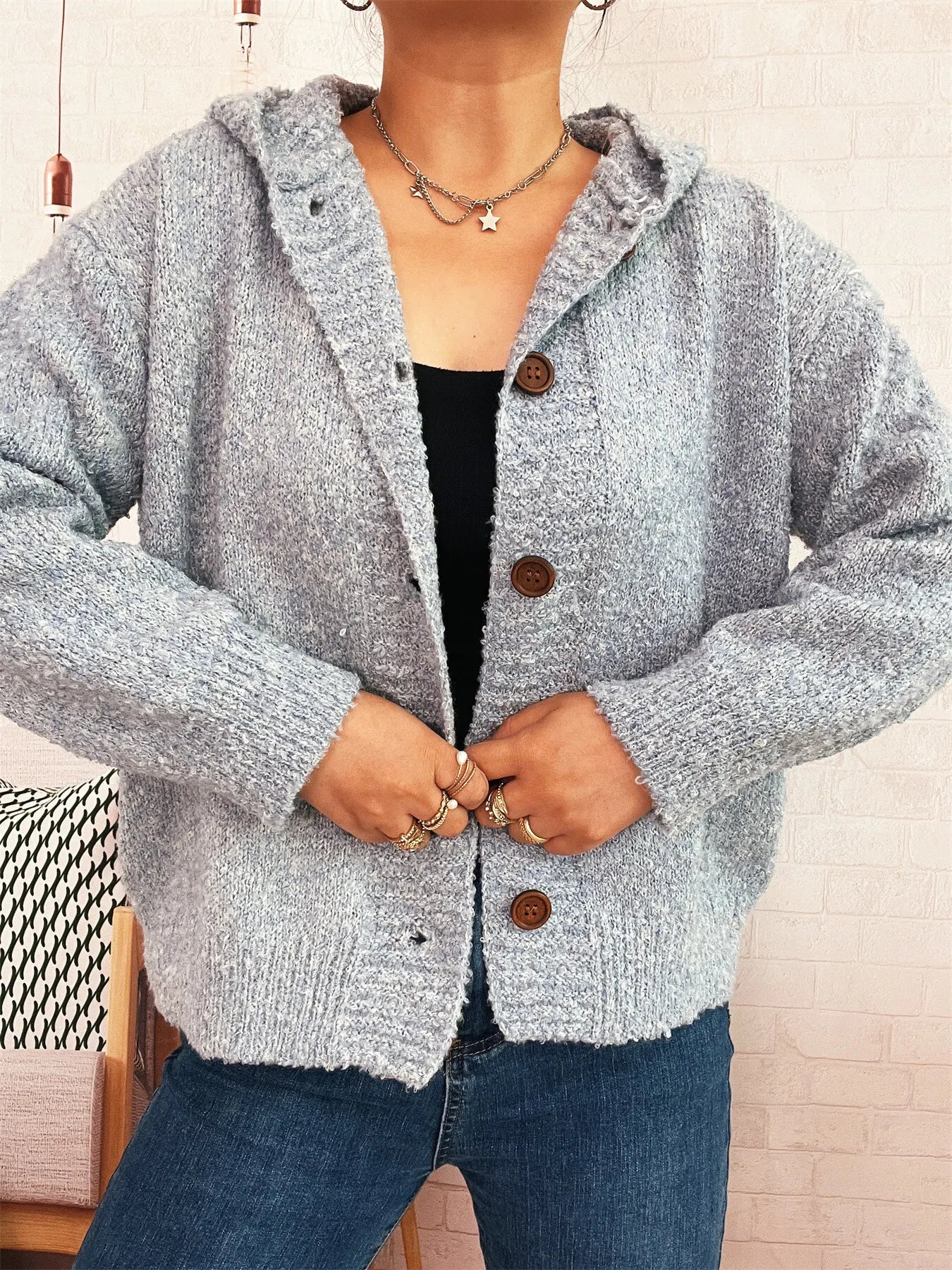 Chunky Buttoned Hooded Cardigan