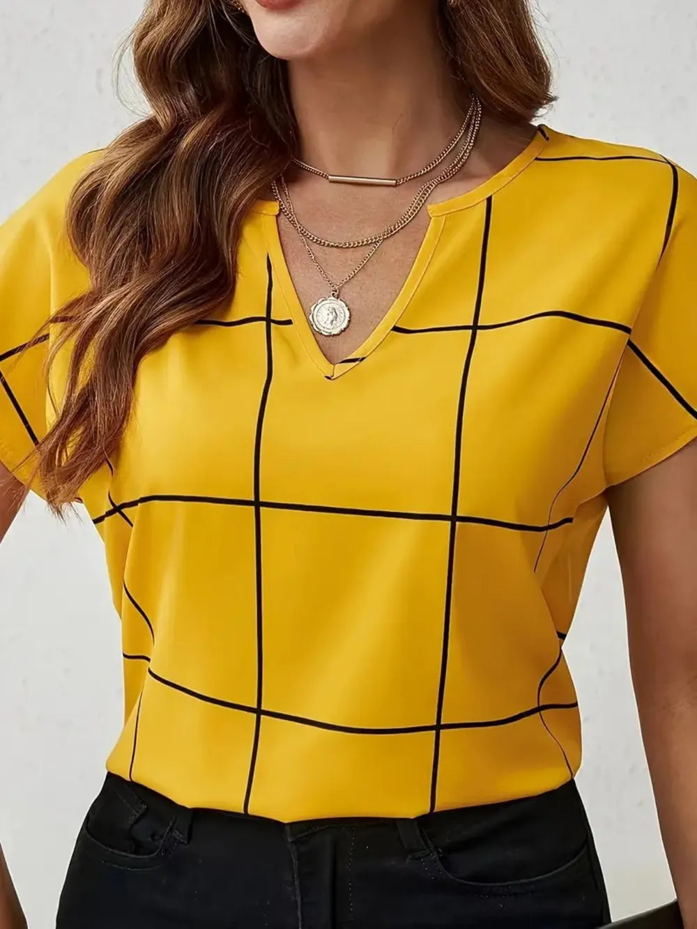 Modern Grid Notched Blouse