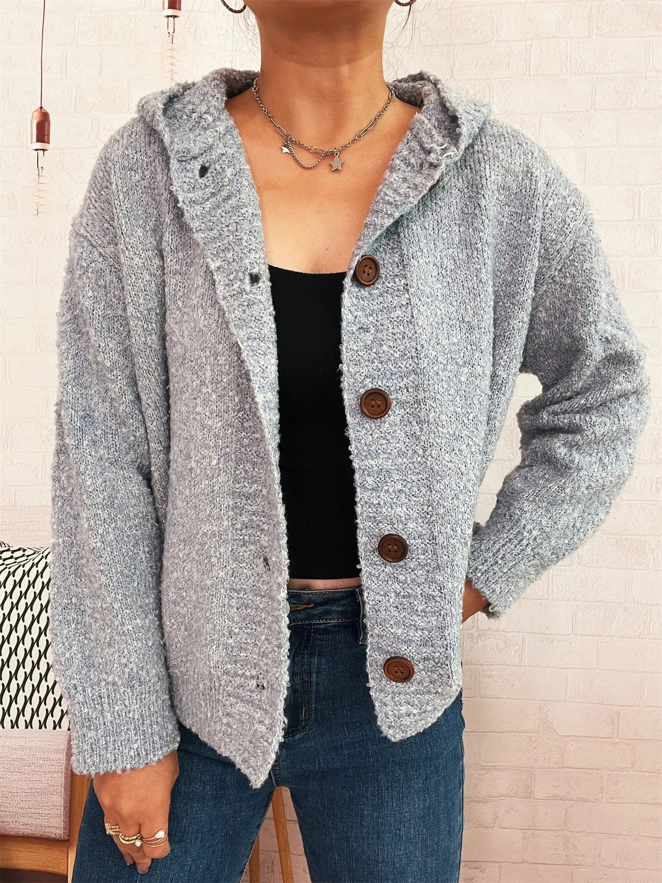 Chunky Buttoned Hooded Cardigan