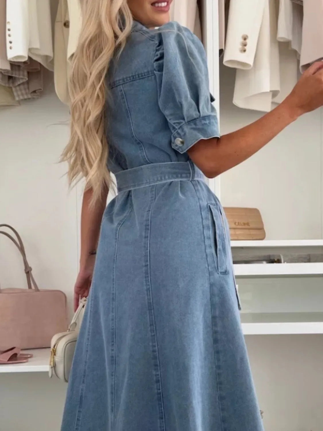Denim Belted Midi Dress with Puff Sleeves