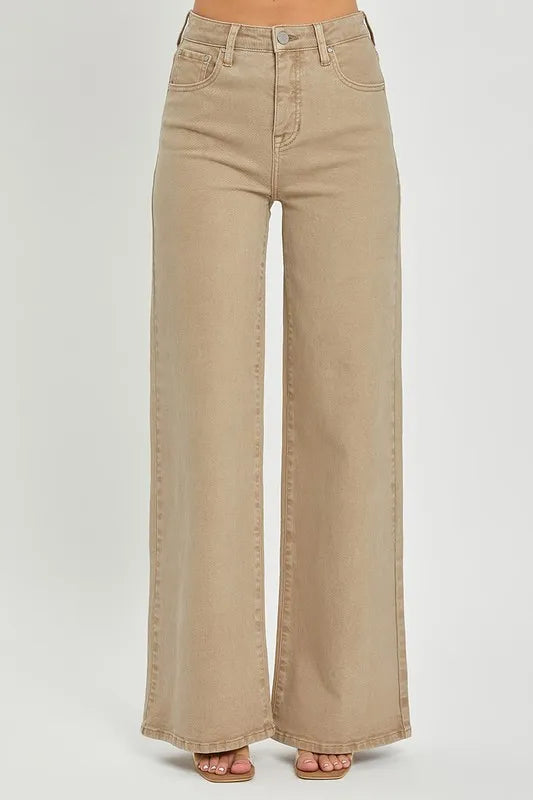 Khaki Wide Leg Jeans with Tummy Control