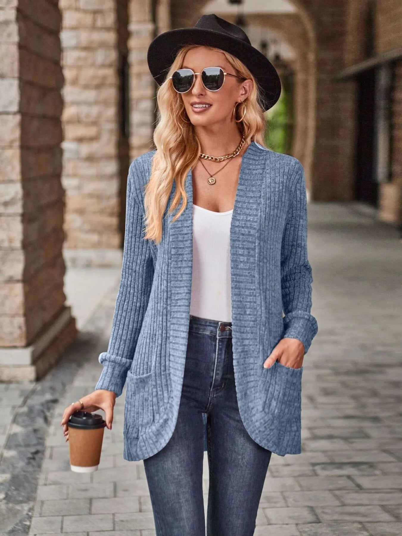 Ribbed Open Front Long Cardigan with Pockets