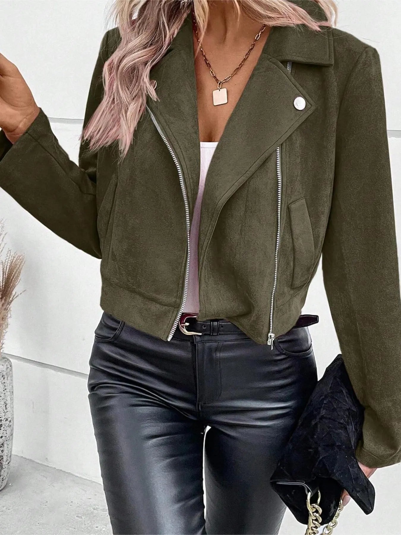 Microsuede Cropped Moto Jacket