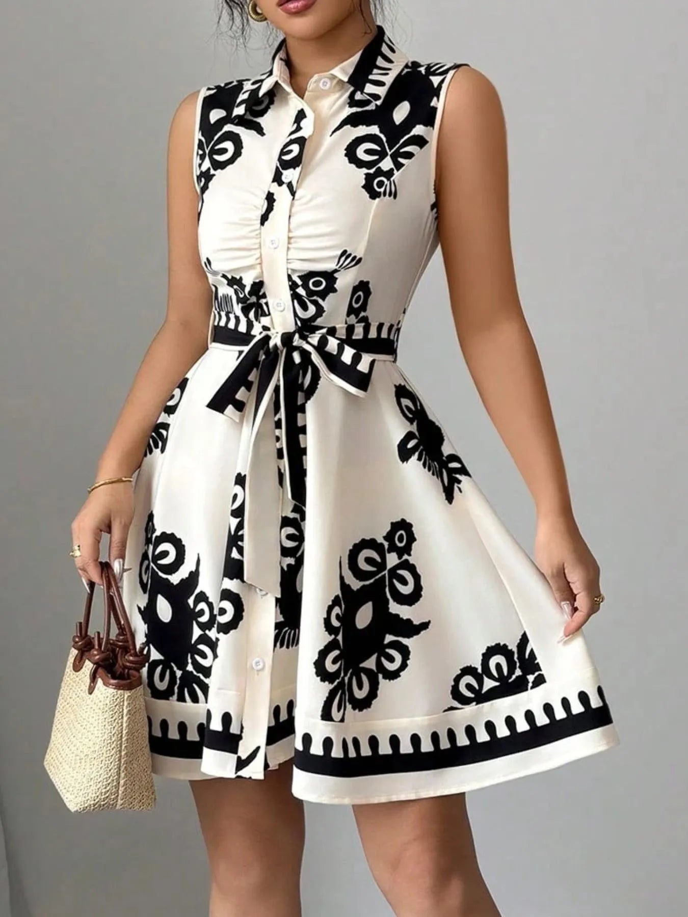 Sleeveless Printed Shirt Dress with Belt