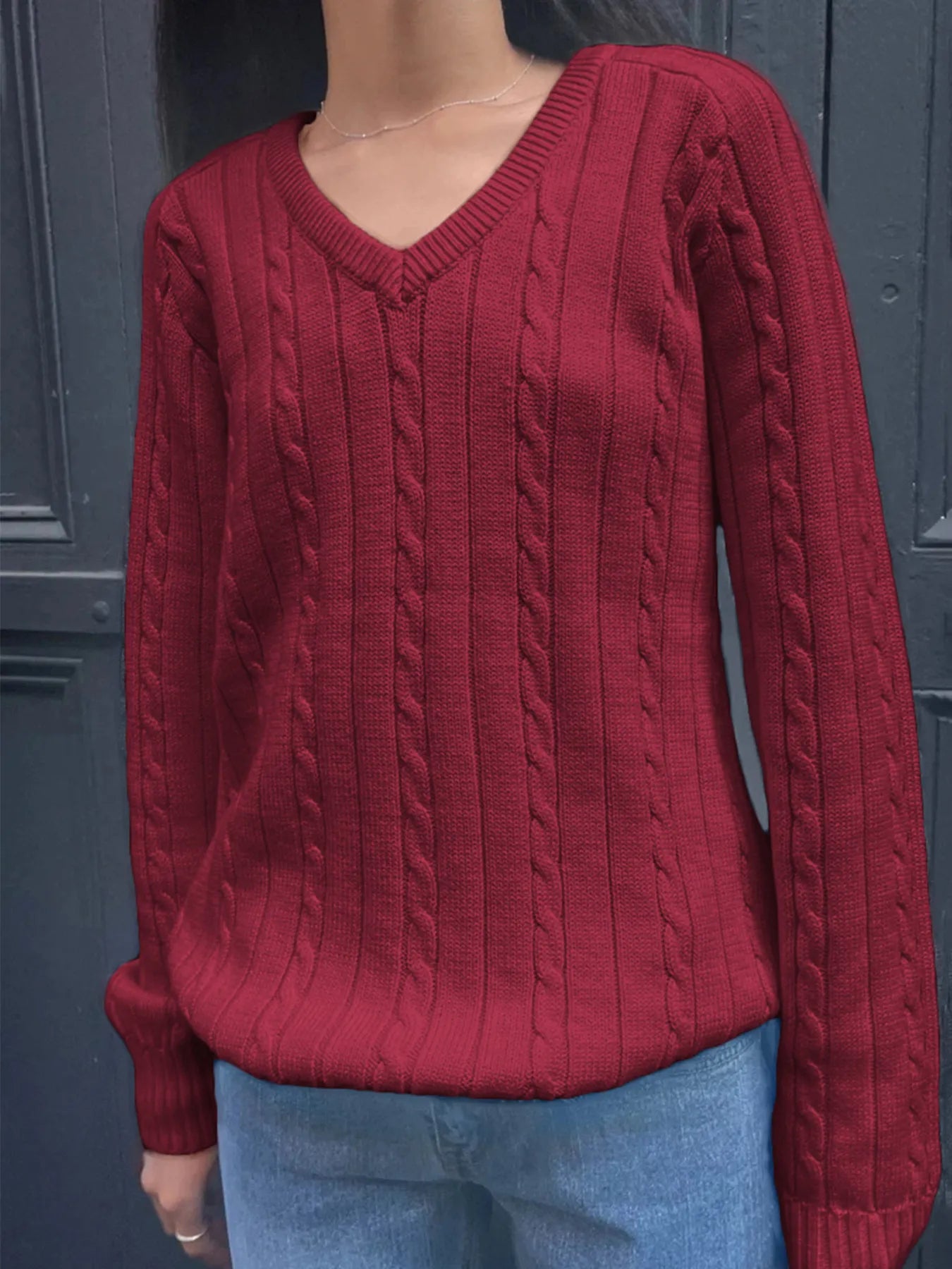 Classic Cable Knit V-Neck Pullover Sweater