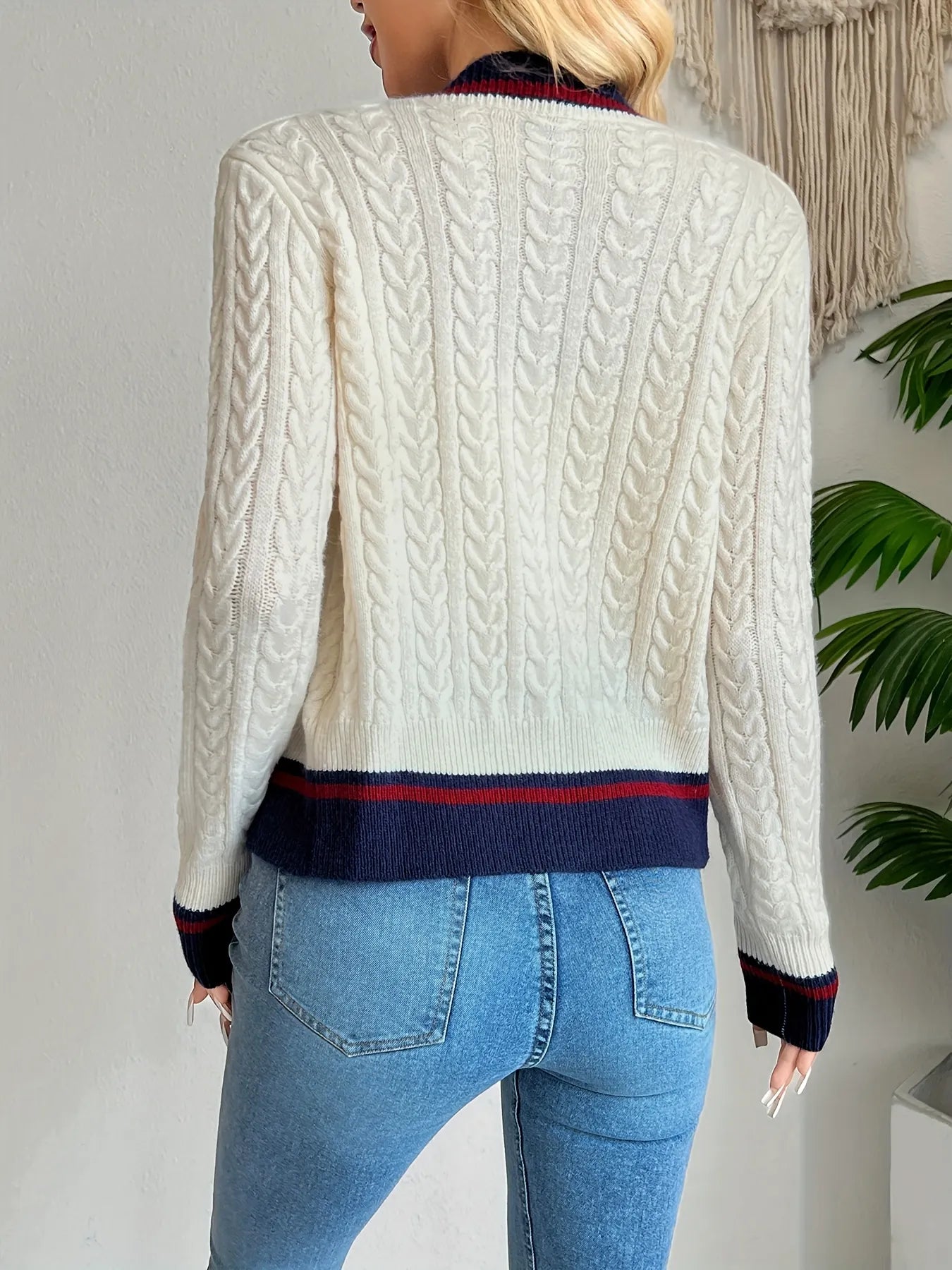 Cable Knit Cardigan with Contrast Trim