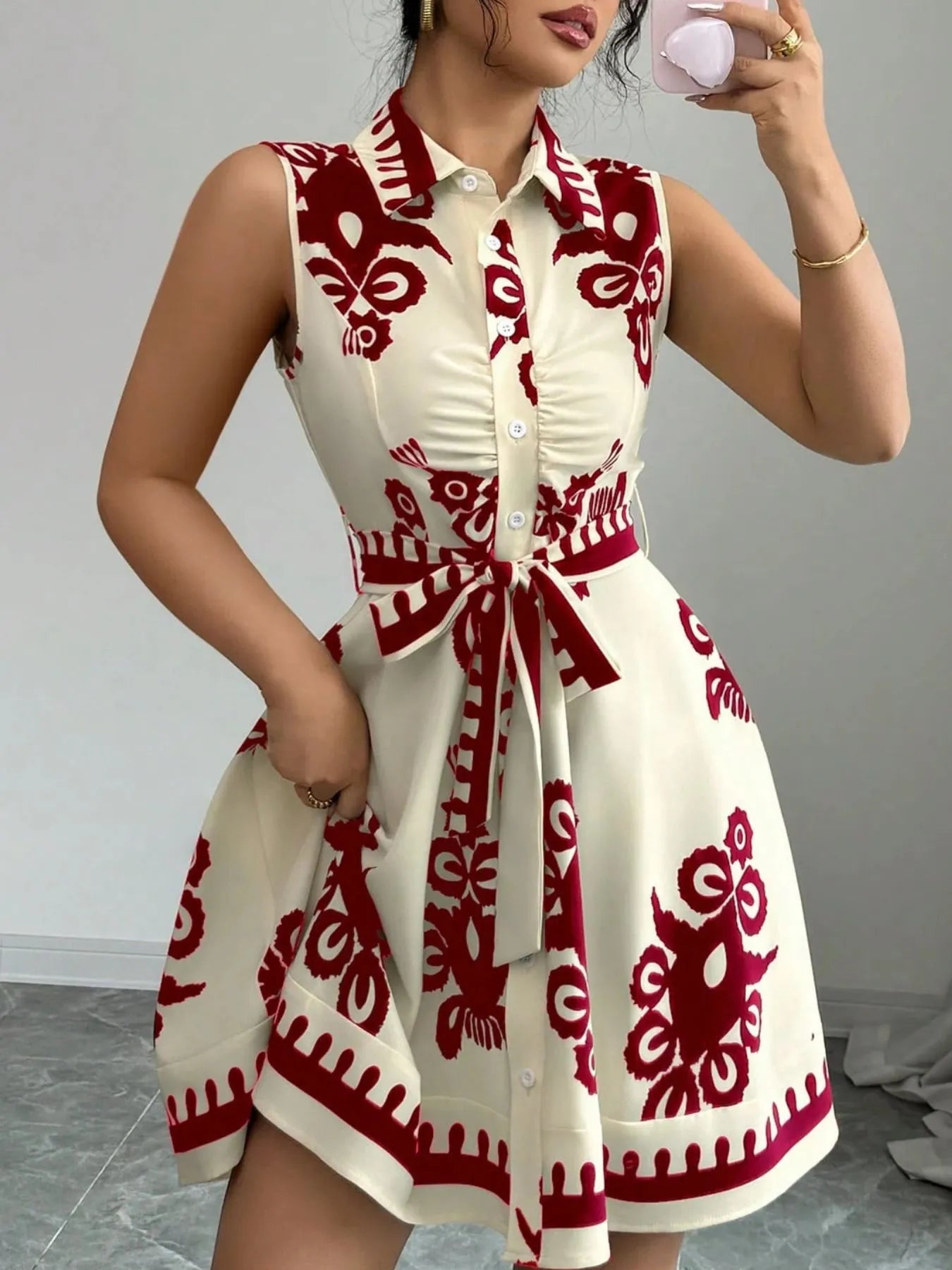 Sleeveless Printed Shirt Dress with Belt