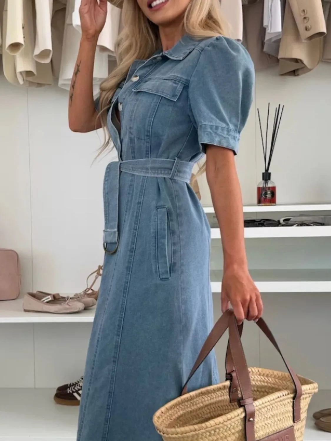 Denim Belted Midi Dress with Puff Sleeves