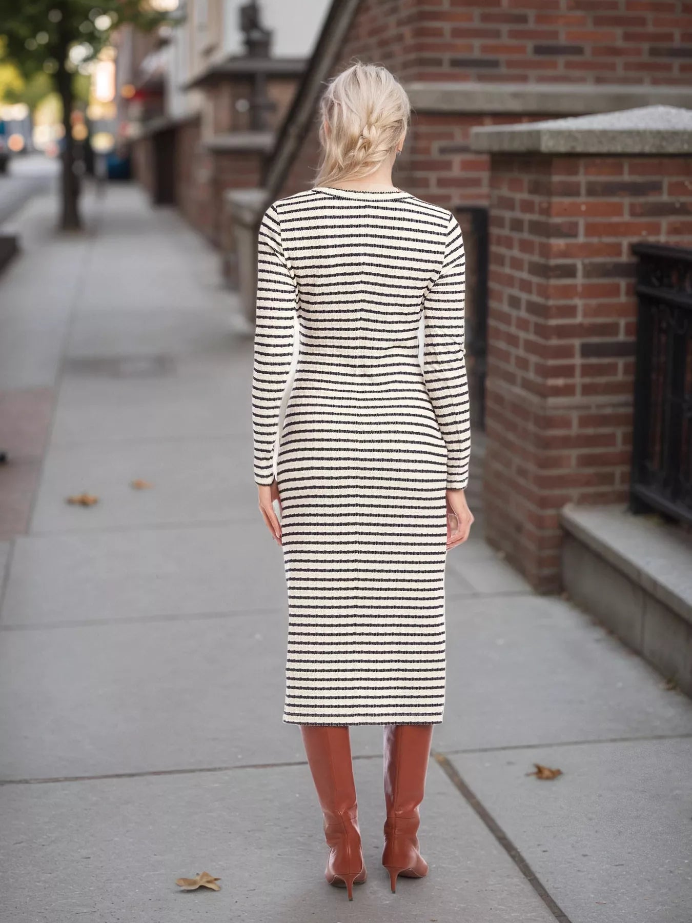 Striped Long Sleeve T-Shirt Dress with Slit