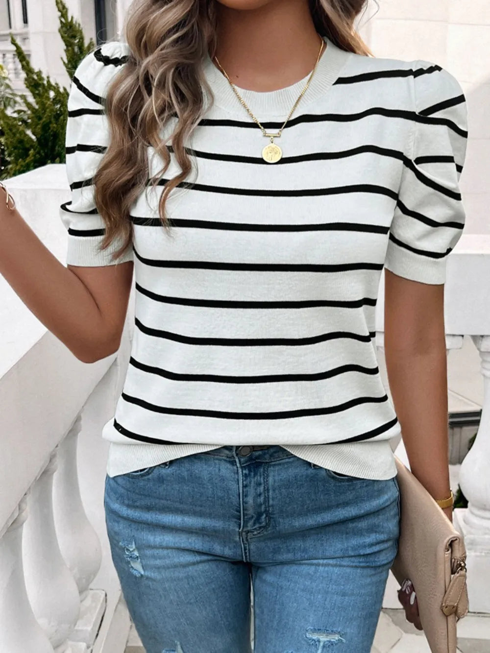 Striped Puff Sleeve Knit Top