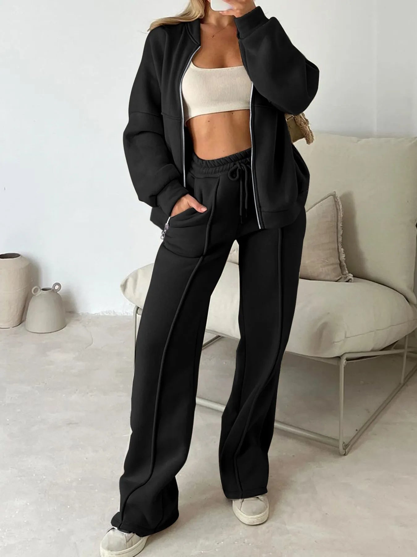 Athleisure Full Zip Jacket and Wide Leg Pant Set