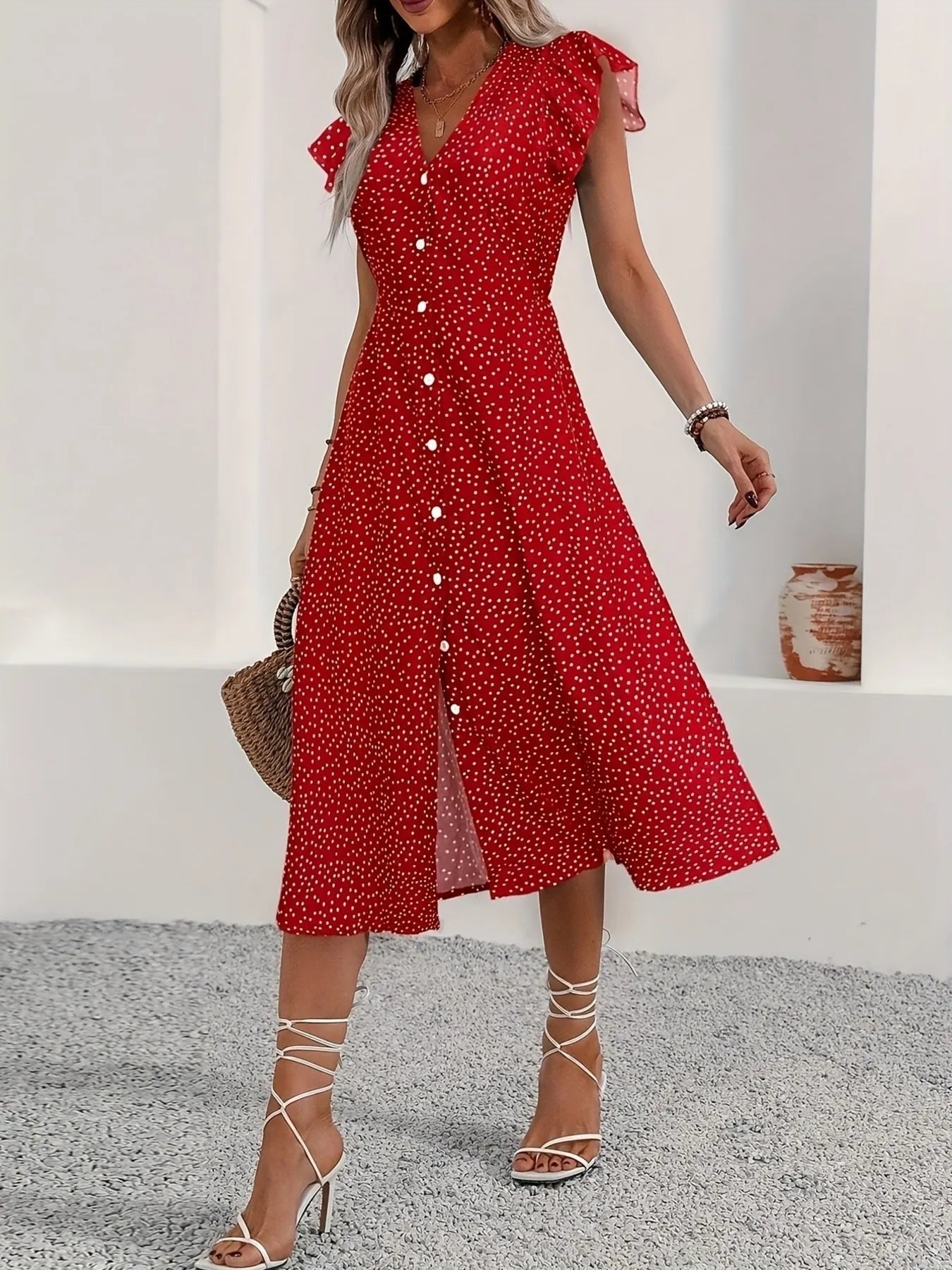 Red Polka Dot Button Up Midi Dress