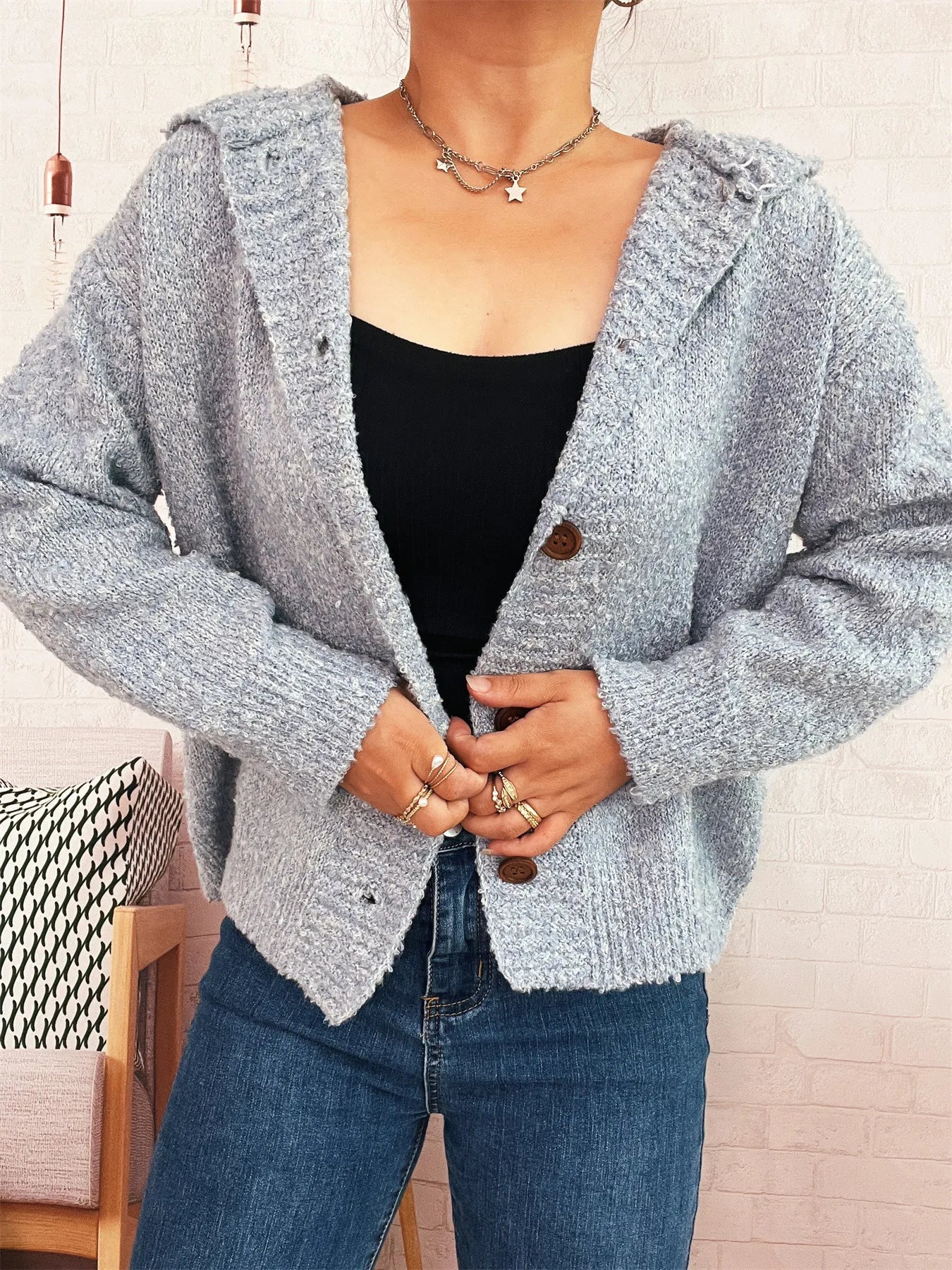 Chunky Buttoned Hooded Cardigan