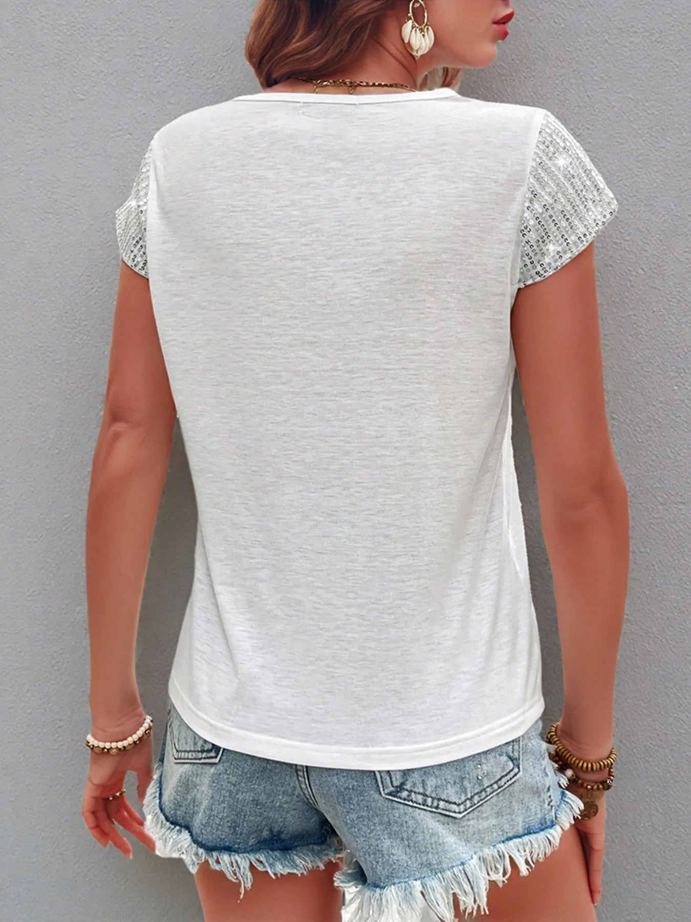 Sequin Sleeve V-Neck Top