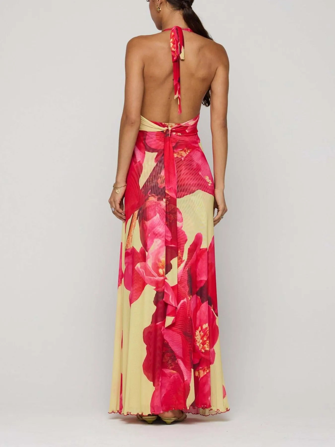 Floral Halter Neck Deep V Backless Dress