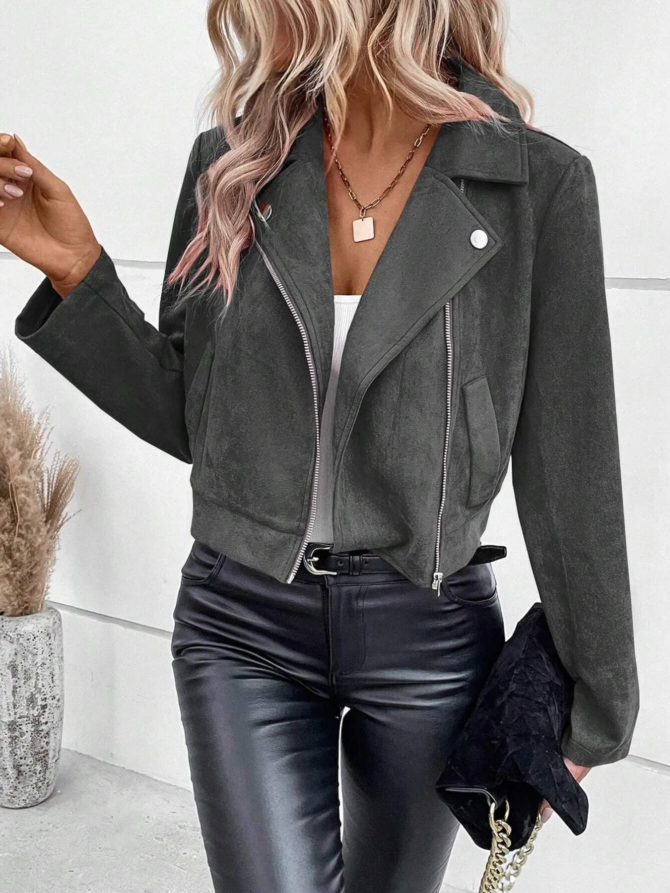 Microsuede Cropped Moto Jacket