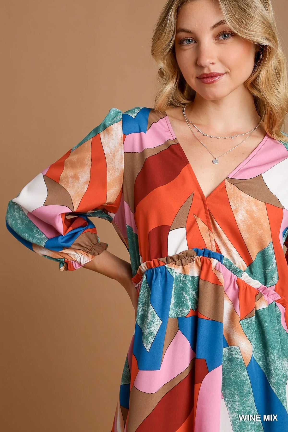 Abstract V-Neck Tiered Printed Dress - Detail View 5