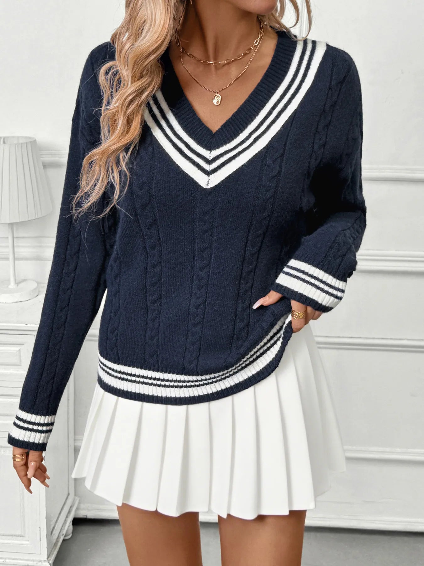 Contrast Cable Knit V-Neck Sweater