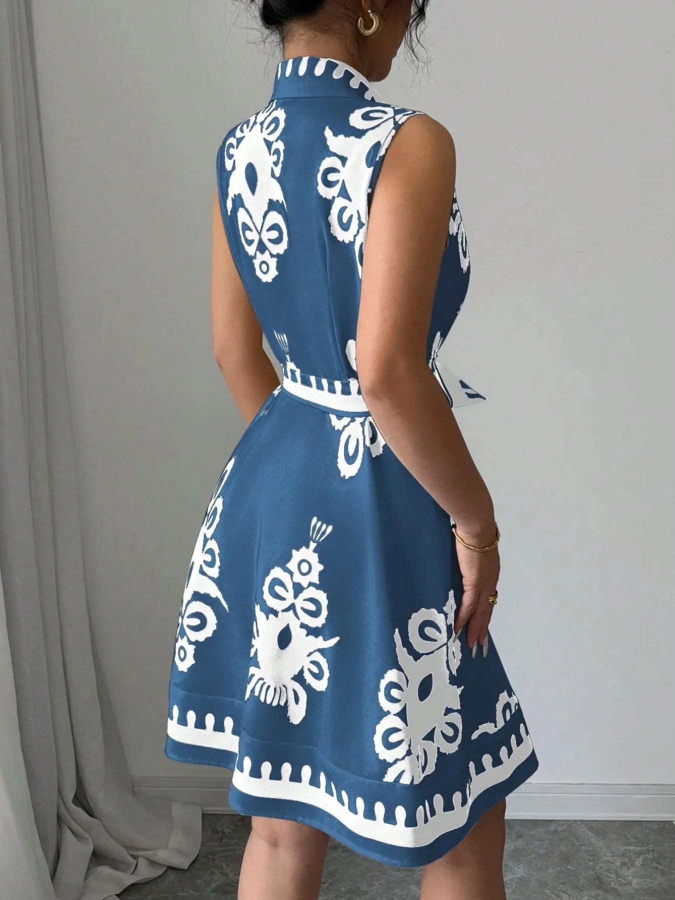 Sleeveless Printed Shirt Dress with Belt
