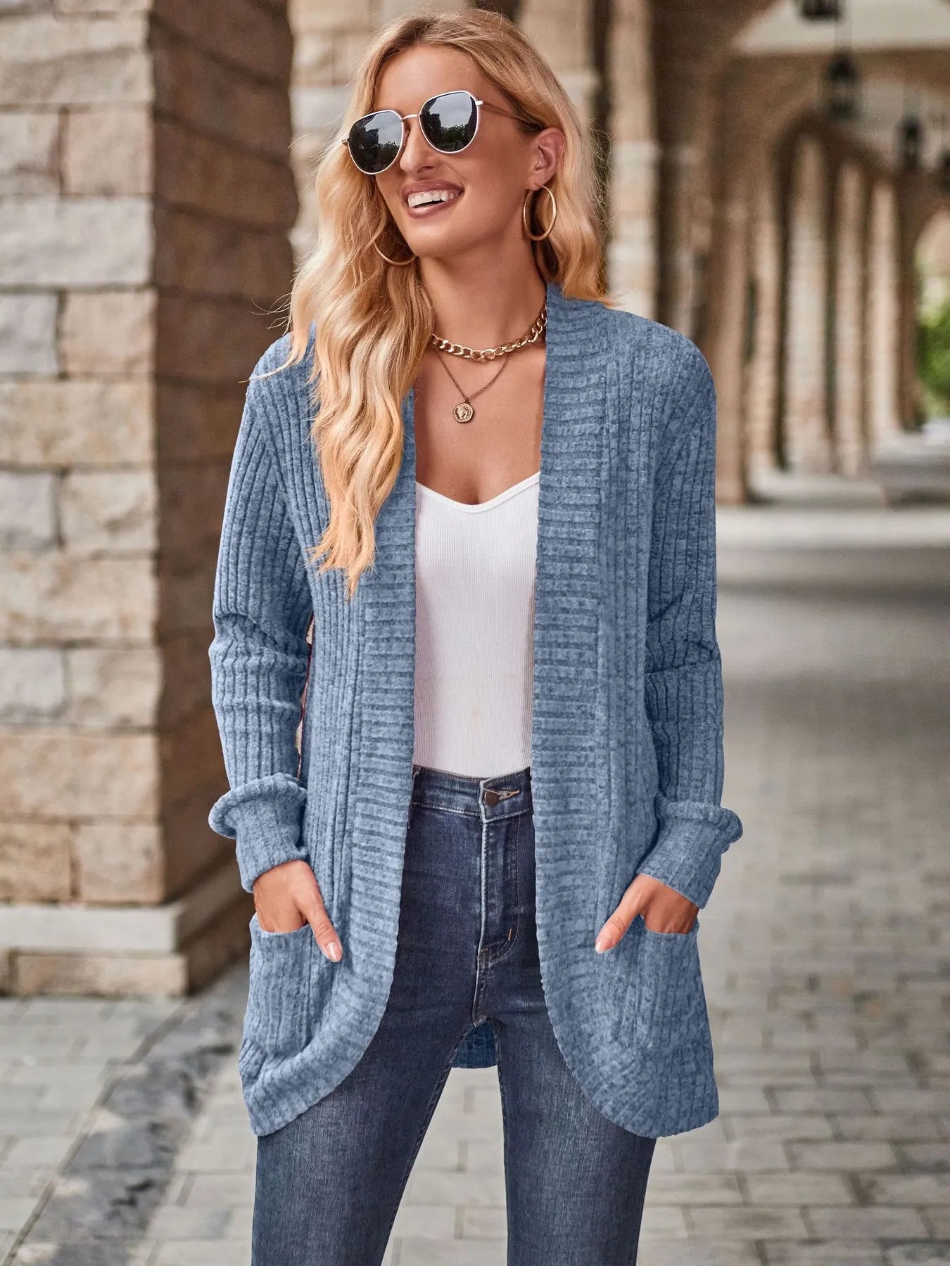 Ribbed Open Front Long Cardigan with Pockets