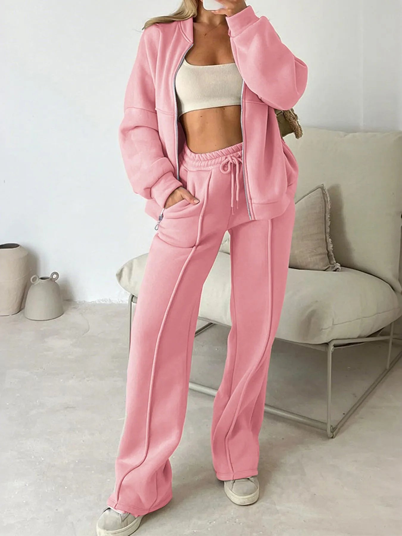 Athleisure Full Zip Jacket and Wide Leg Pant Set