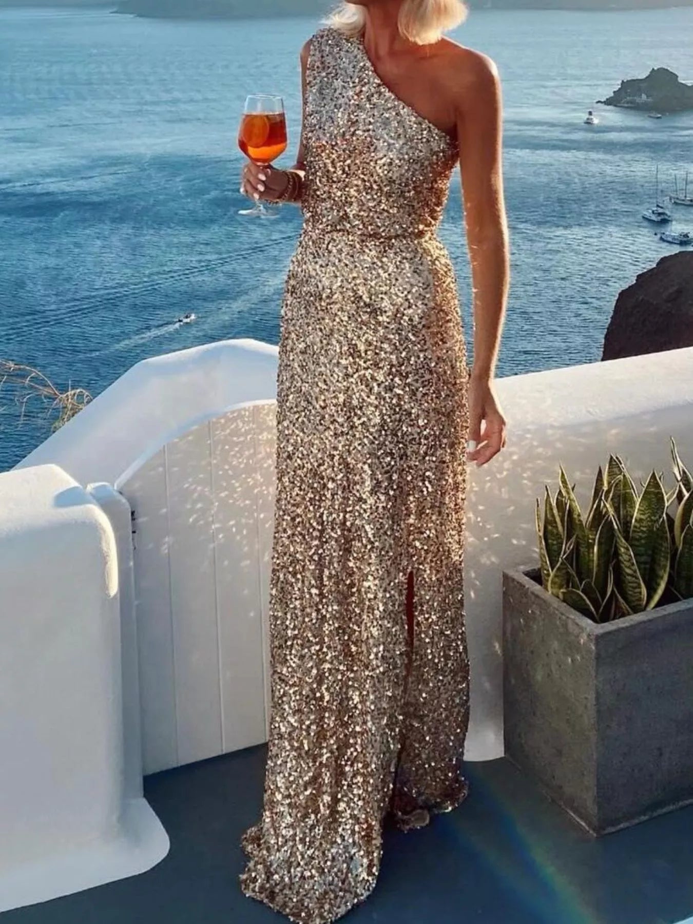 Sequin One-Shoulder Maxi Dress