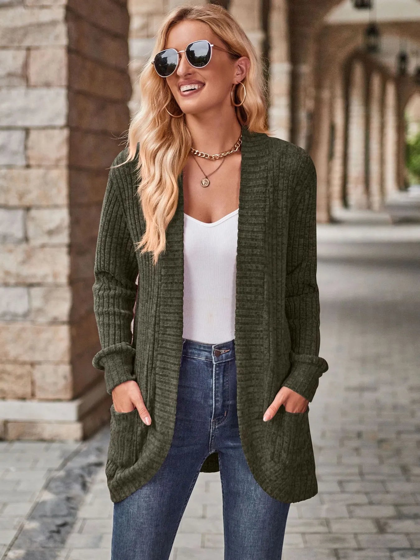 Ribbed Open Front Long Cardigan with Pockets