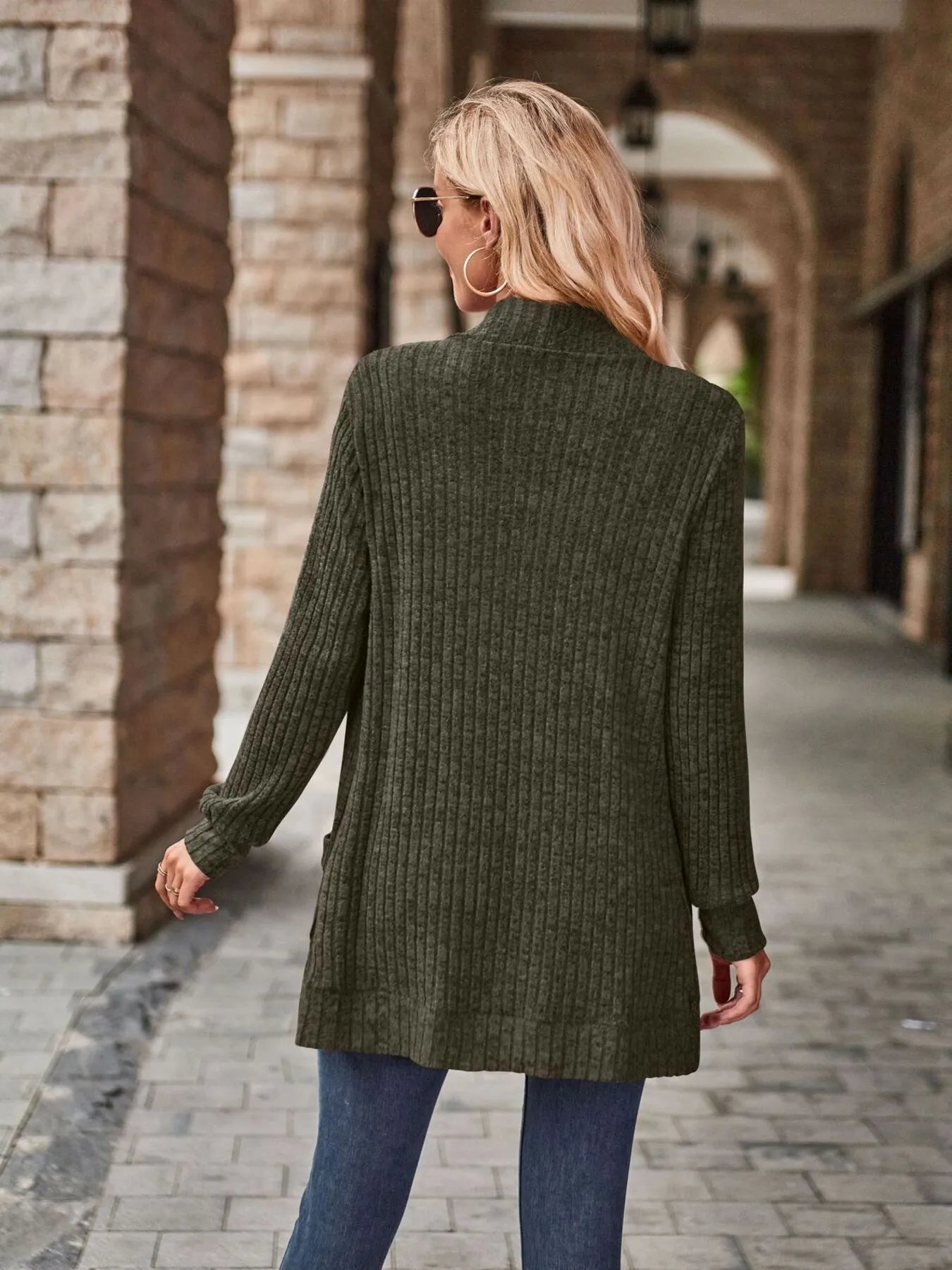 Ribbed Open Front Long Cardigan with Pockets