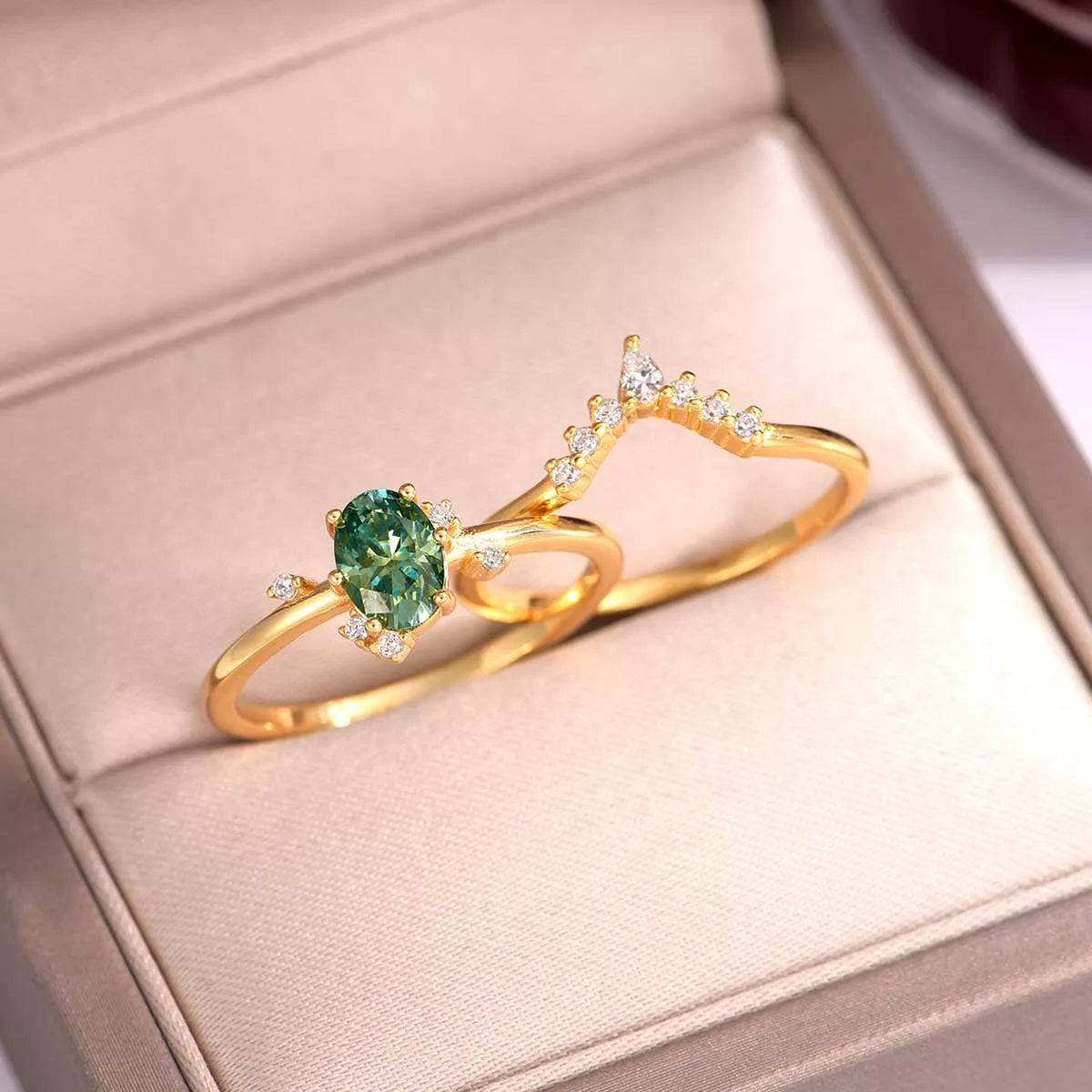 Green Moissanite 18k Gold-Plated Silver Stacked Ring