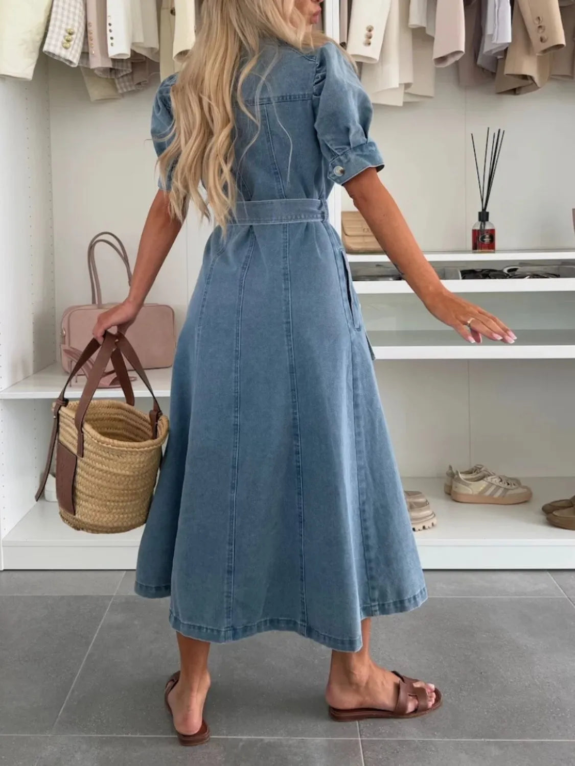 Denim Belted Midi Dress with Puff Sleeves