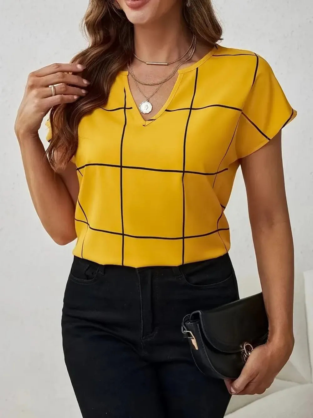 Modern Grid Notched Blouse