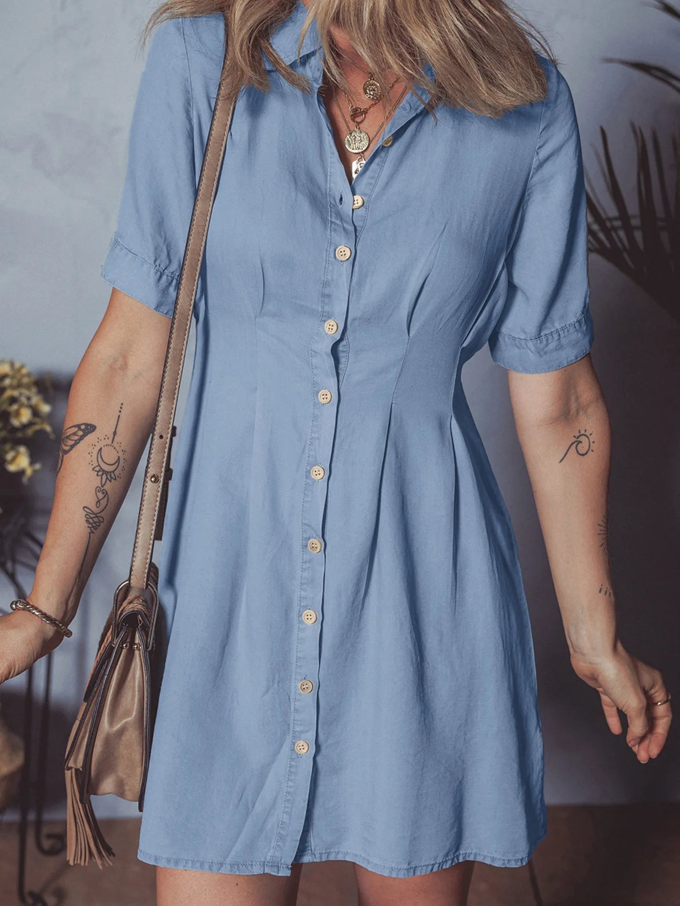 Denim Pleated Shirt Dress