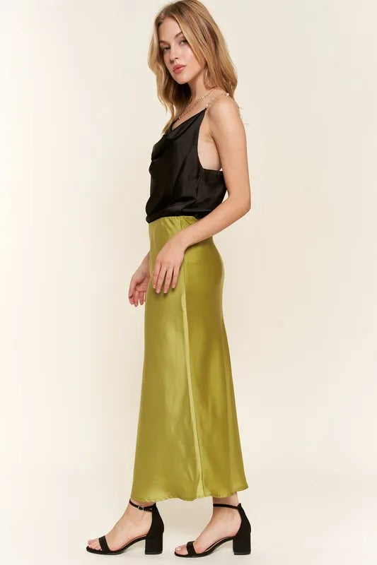 Greenish Satin Midi Skirt