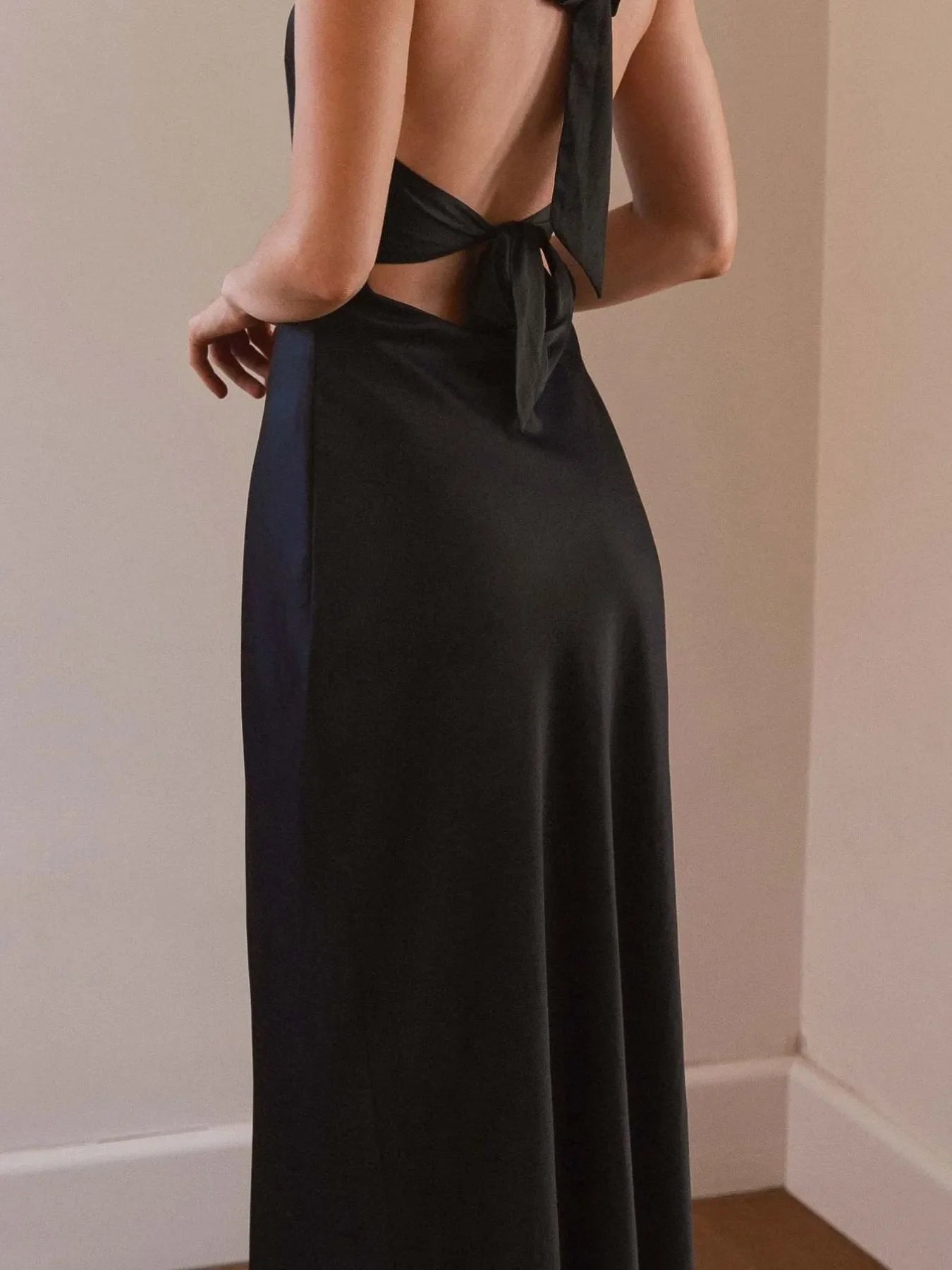 Silky Halter Neck Backless Maxi Dress with Tie Detail