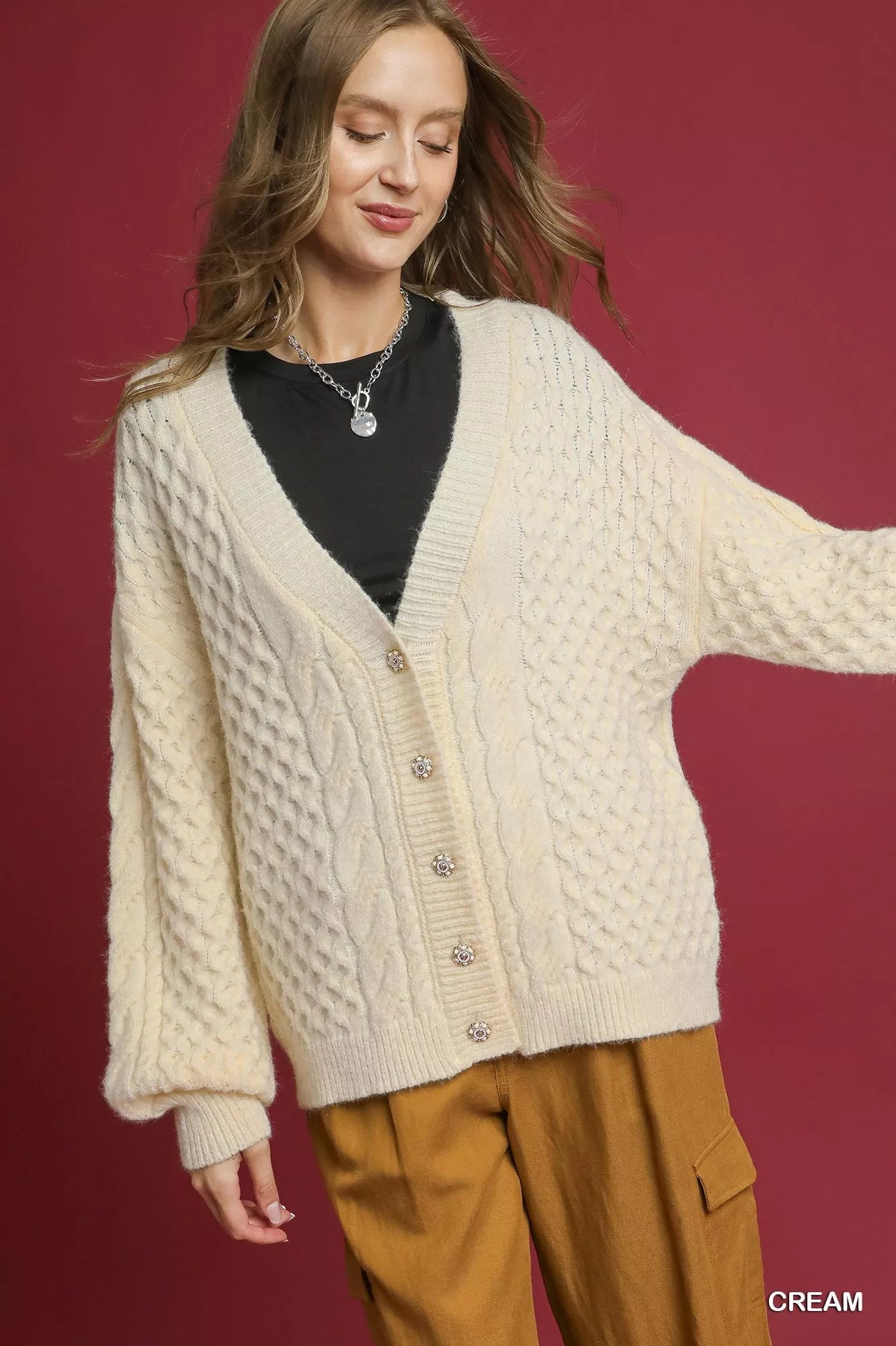 Cable Knit Cardigan with Pearl Buttons