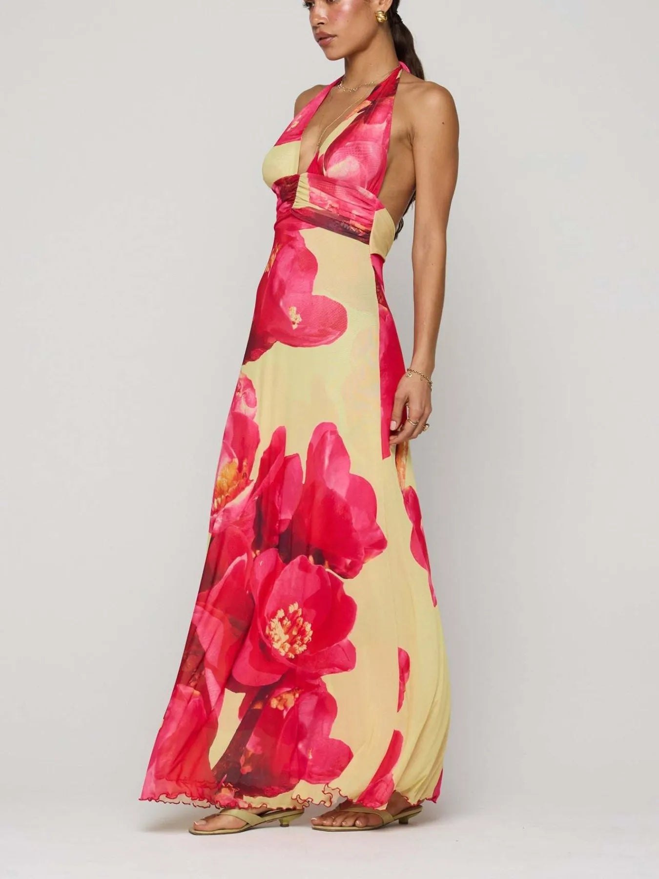 Floral Halter Neck Deep V Backless Dress