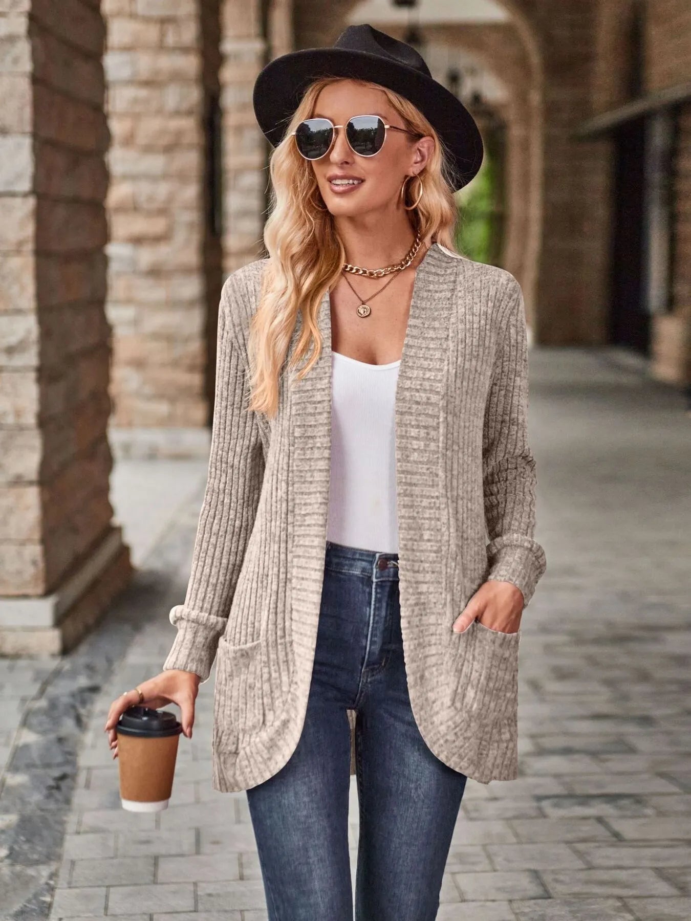 Ribbed Open Front Long Cardigan with Pockets