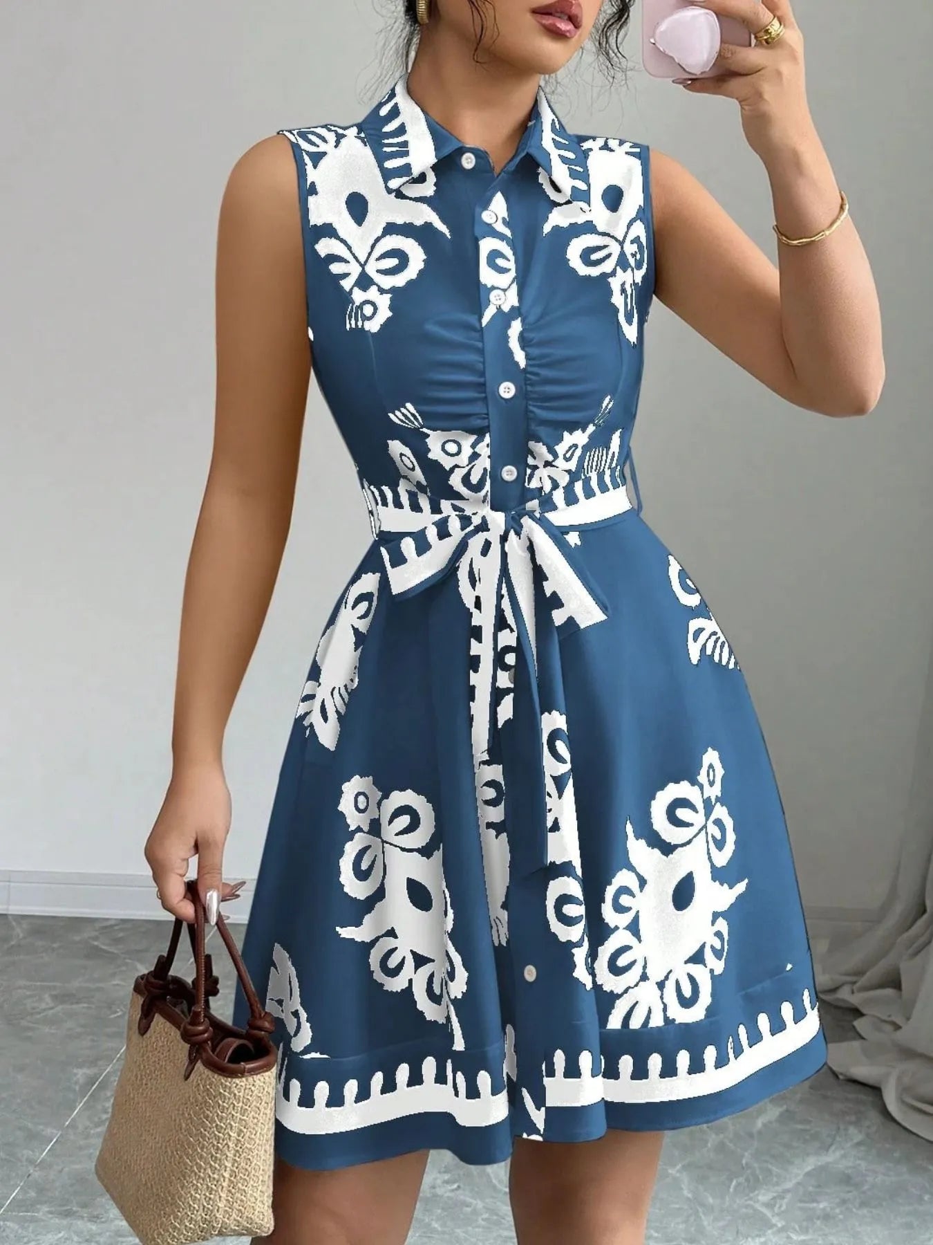 Sleeveless Printed Shirt Dress with Belt