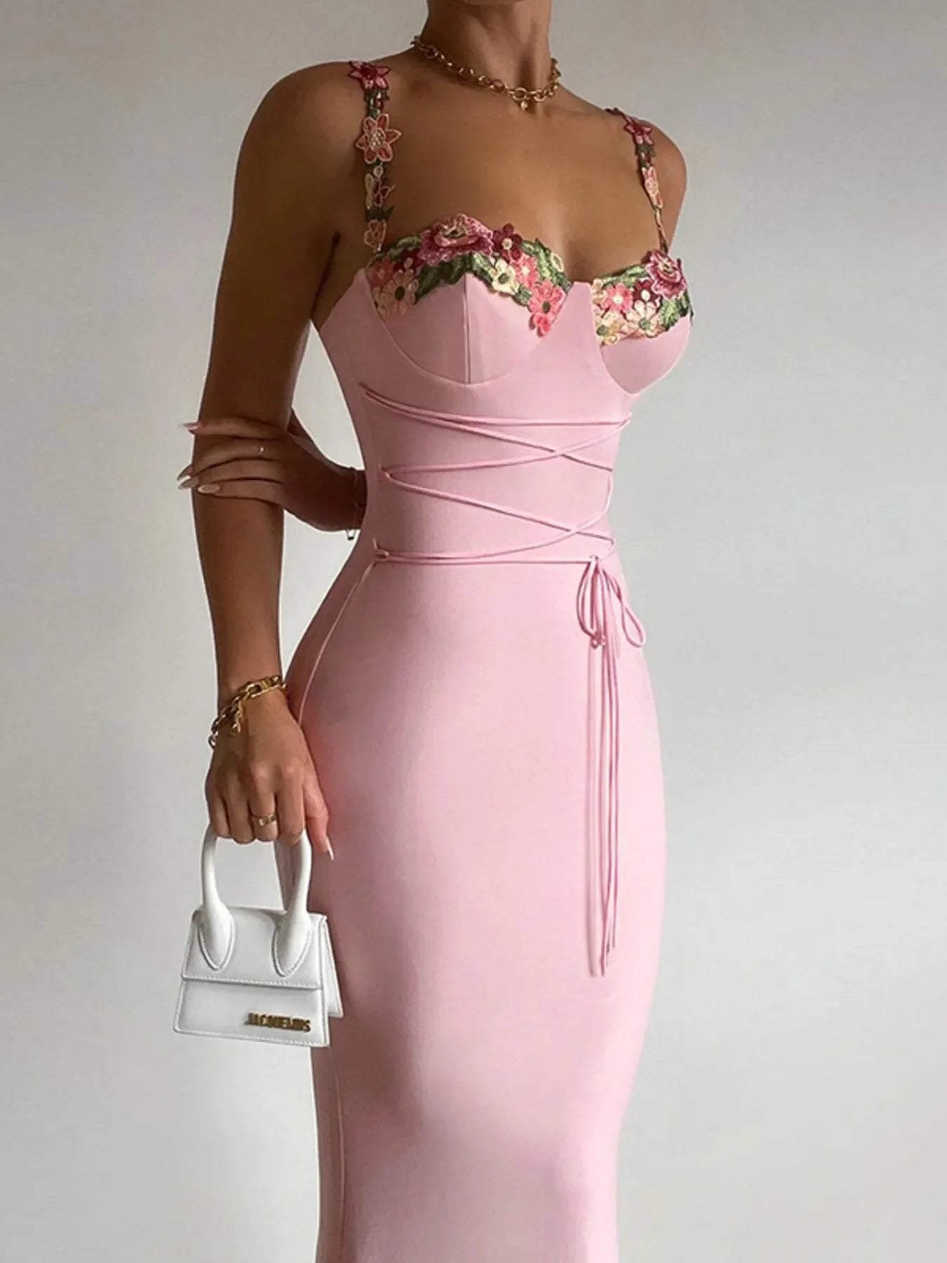 Pink Floral Trim Maxi Dress
