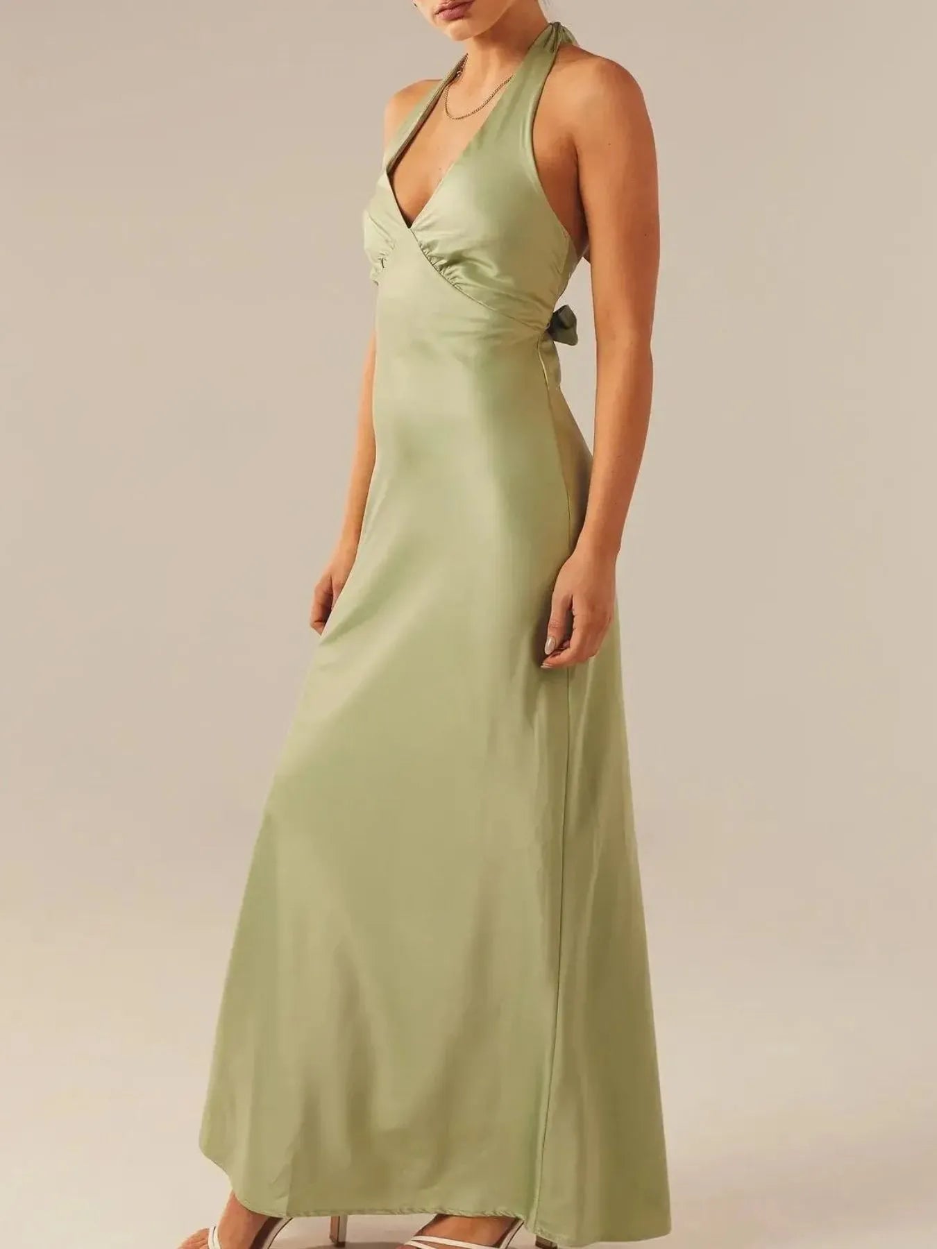 Silky Halter Neck Backless Maxi Dress with Tie Detail