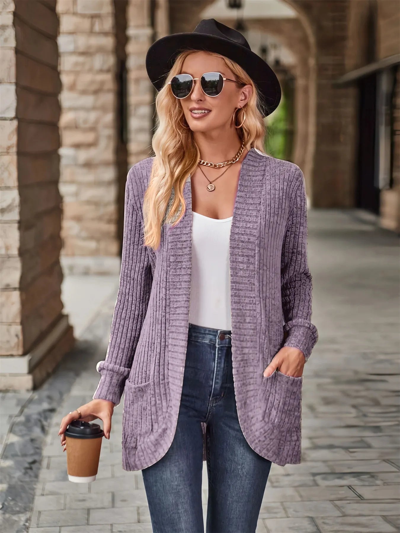 Ribbed Open Front Long Cardigan with Pockets