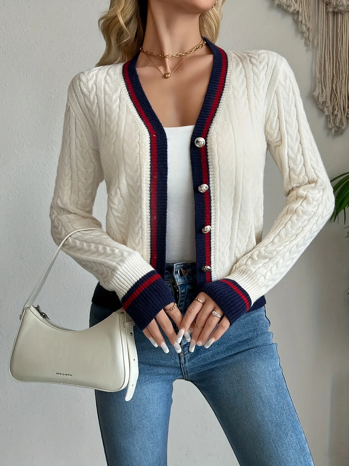 Cable Knit Cardigan with Contrast Trim