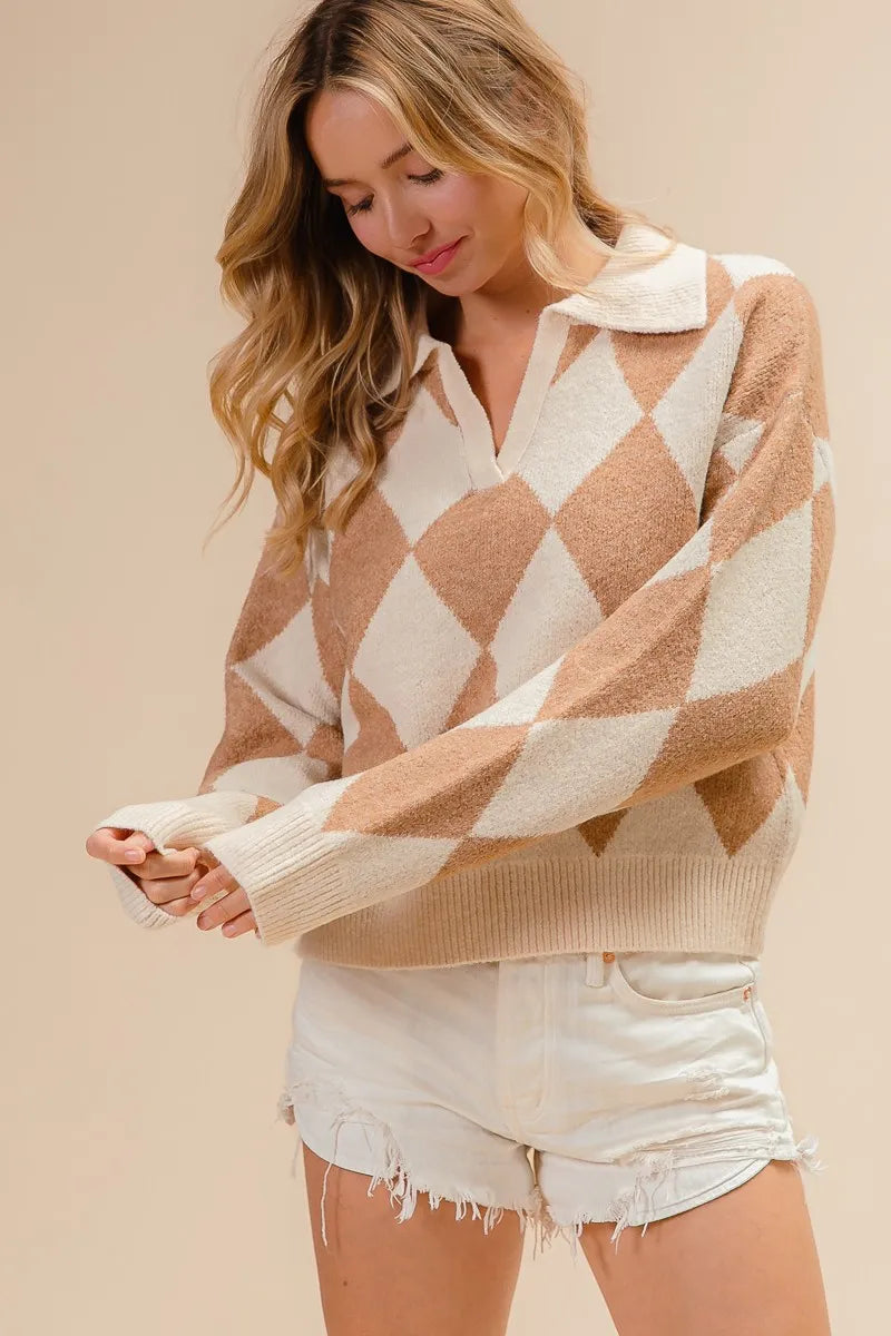 Argyle Collared Notch Neck Sweater