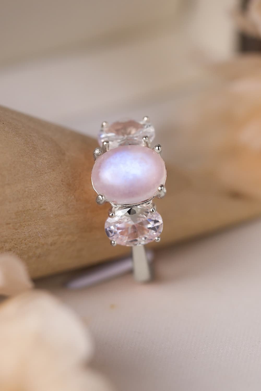 Natural Moonstone Three Stone Ring