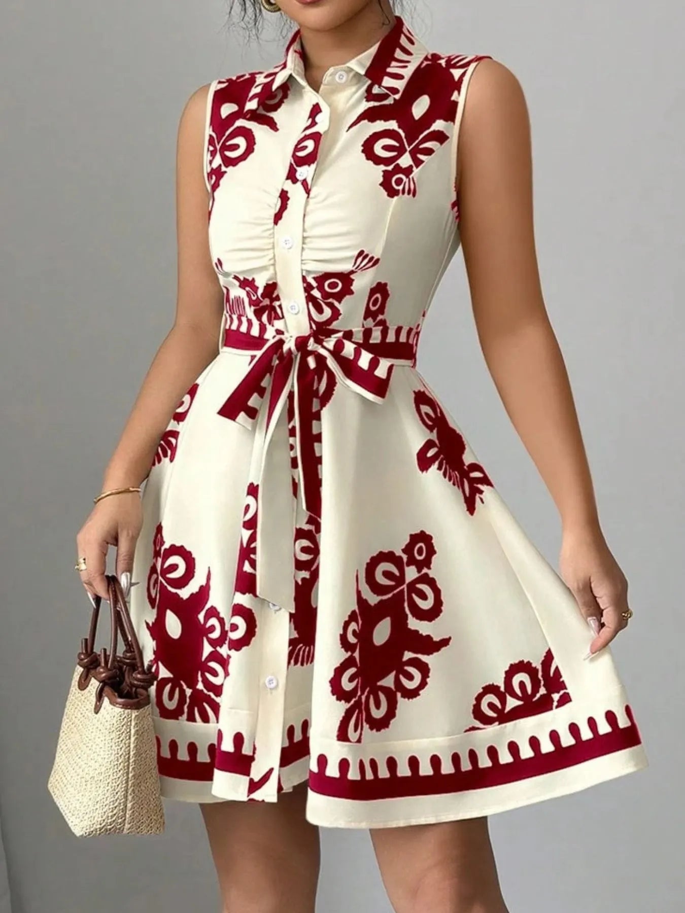 Sleeveless Printed Shirt Dress with Belt